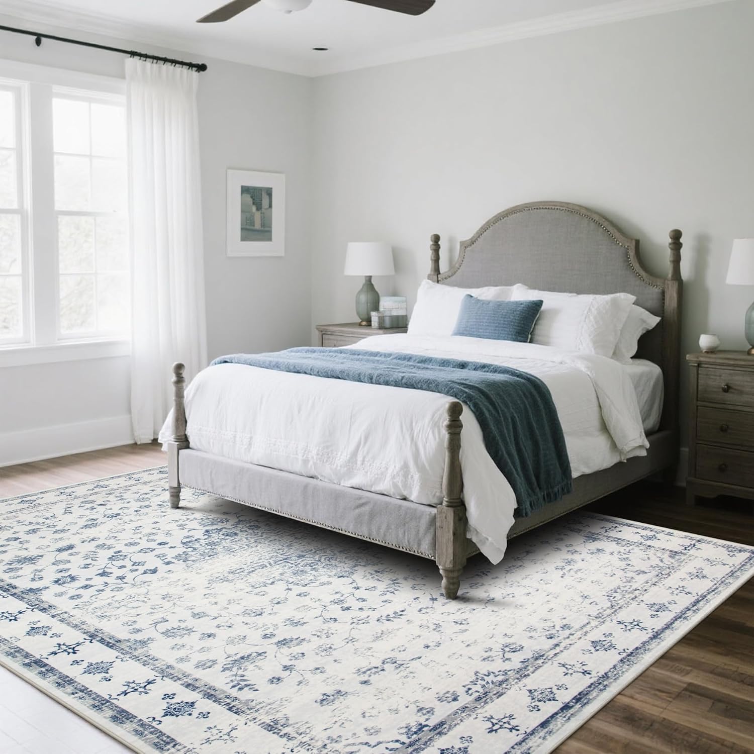 Srugn Washable Rugs 8x10 Area Rugs for Living Room,Rugs for Bedroom,Large Carpets,Ultra Soft Faux Wool Retro Dining Room Rug,Non Slip&Non-Shedding Low Pile Vintage Print Rug for Home Office-Blue